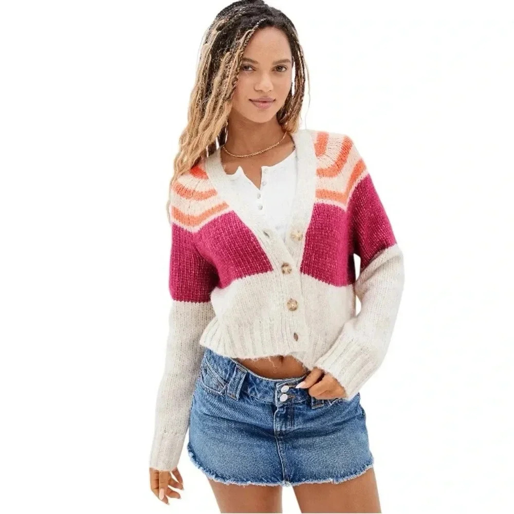 AMERICAN EAGLE | Wool Blend Oversized Cropped Striped Multicolor Cardigan Size L